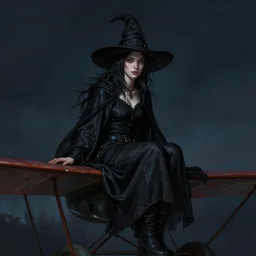 portrait of a witch sitting on a biplane wing at night, medium shot, digital painting, highly detailed, sharp focus, beautiful face, by artgerm and greg rutkowski