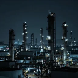 endlessly towering factories in the distance at night, atmospheric, dystopian, breathtaking, stunning, liminal space, dark and extremely moody