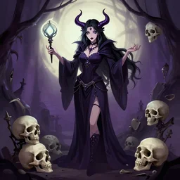a beautiful feminine necromancer raising the dead, illustration, skulls, character design by nixeu by artstation, 2 d cg