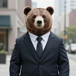 realistic photograph of a bear in a suit in the city