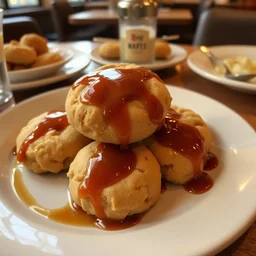 a plate of cookies that is splattered with gravy, served at a restaurant