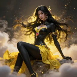 a beautiful female goddess of the black and yellow character, character is in all its glory, character is in her natural relaxed pose, rim lights, particles and dust in the air, fancy clouds, highly detailed professional photo, dynamic lights, particles are flying, depth of field, trending on artstation, professional illustration, hyper realistic, vray caustics, super detailed, colorful accents, cinematic shot