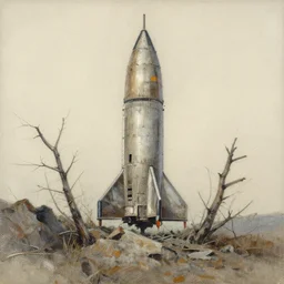 extremely detailed abandoned rocket ship, old dead sparse distant knotted branches, unfinished canvas, sparse dry brush texture, strokes visible, underbrush wash, rocky crag, alpine climate