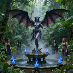 a nephilim succubus dancing at a satanic altar atop a fountain in a lush dense verdant garden by tim doyle and victo ngai and dan mumford and gil elvgren, bat wings, mist, hyperrealism, volumetric lighting, god rays, highly detailed, sfumato, blue flame flowers, overgrown