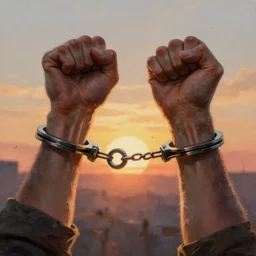 a messy inspirational painting of two upraised fists breaking manacles by delphin enjolras, sunrise background, emancipation, highly detailed, sharp focus, trending on artstation