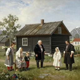 a traditional Norwegian sami family outside their home, painted by Rembrandt, wide shot