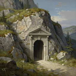 the dungeon entrance in the side of a mountain, by gaston bussiere, j. c. leyendecker, craig mullins, donato giancola, greg rutkowski, symmetry!!, highly detailed, sharp focus