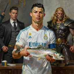 Beautiful oil painting depicting Cristiano Ronaldo in court holding a trout, Lucas Graziano, Frank Frazetta, Greg Rutkowski, Boris Vallejo, epic fantasy portrayal of characters, exquisite details, post-processing, low angle, masterpiece, cinematic