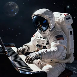 space lofi desktop background, an astronaut playing the piano in space