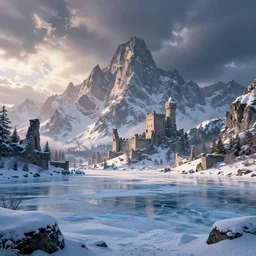 beautiful render of a winter landscape, unreal engine, first light, majestic mountains, frozen lake, snow, dramatic clouds, ancient castle ruins, soft light, by greg rutkowski, cgsociety