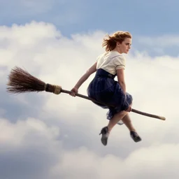 Emma Watson flying on a broomstick in the clouds, full body shot