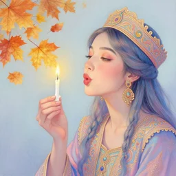 highly detailed pastel colors of an ethereal moroccan beauty blowing a birthday candle, morphing into autumn leaves, by artgerm and hsiao - ron cheng, smooth composition, fine patterns and detail
