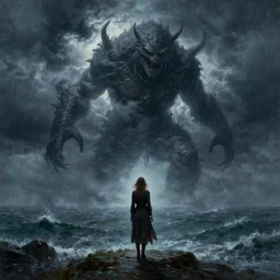 concept art, facing the back of a woman standing alone in the middle of a sea storm while a gigantic figure of a monster forms in the clouds, thunderstom, rain, medieval, dark concept art, dark skies painting by wlop, nixeu and greg rutkowski, beautiful, semirealism, artstation, octane render, oil painting, sharpness, 8 k, golden ratio