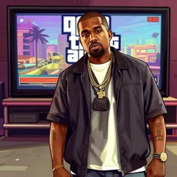 illustration gta 5 artwork of kanye west, in the style of gta 5 loading screen, by stephen bliss