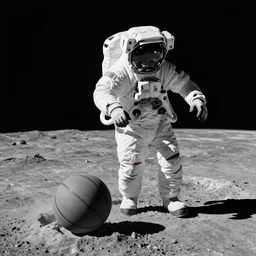 An astronaut dribbling a basketball on the moon, photo, highly detailed, photorealistic, high quality