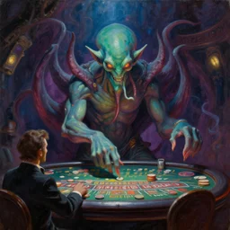 oil painting of cthulhu playing in a casino, masterpiece