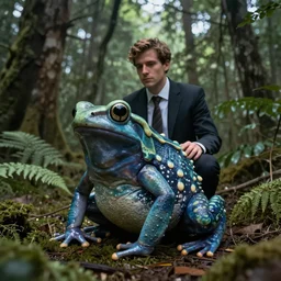 businessman in a psychedelic trip by a poisonous frog in the middle of a forest, hyper realism, high detail, octane, 4k textures