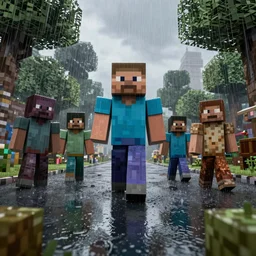 heavy rain remake minecraft, Moebius, Greg Rutkowski, Zabrocki, Karlkka, Jayison Devadas, Phuoc Quan, trending on Artstation, 8K, ultra wide angle, zenith view, pincushion lens effect