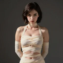 A young woman with short dark hair, full body pin up modelling in gauze bandages and sling, serious expression, photo studio background, detailed face, digital anime art, by Masume Shirow