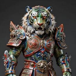 hyper ultra 4 k photo of a bizarre metal colorful armor tiger green red blue black glowing eyes mask made of ceramic clay feather trim intricately spectacular magnificently story carved by a master engraver by h. r. giger