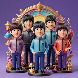 The Beatles as Pixar figurines, vibrant, hyperrealistic, Maximalism, mystical, ornate, Intricate