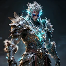 a warrior wearing an armor made of feathers, strange energy emitting through body, scars on face, volumetric lighting, scary eyes, digital art,