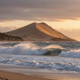 sand mountain next to ocean Big waves crashing on the shore sunset in the style of Ansel Adams, Thomas Cole and Ansel Adams