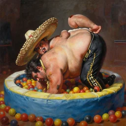 an insanely detailed painting of bill burr fighting a fat mexican guy in a ball pit hunched over, in the style of peter mohrbacher, dramatic lighting and composition, trending on artstation, concept art, comic book