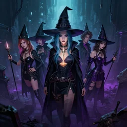 a cyberpunk witches coven, greg rutkowski, zabrocki, karlkka, jayison devadas, trending on artstation, 8 k, ultra wide angle, zenith view, pincushion lens effect