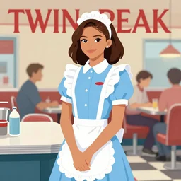 Portrait of Zendaya wearing light blue color diner waitress dress, she is a high school student working in the RR diner from Twin Peaks, from scene from Twin Peaks by Michael Whelan, Bob Larkin and Tomer Hanuka, simple illustration, domestic, nostalgic, clean, full of details, by Makoto Shinkai and thomas kinkade, Matte painting, trending on artstation and unreal engine, New Yorker magazine cover
