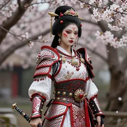 geisha warrior ornated viking armor war paint, detailed, jewelry, sakura,photograph, award wining, red and white, trending on artstation, punk attitude, 4k, unreal engine 5, octane render, neon highlights
