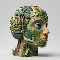 abstract, sculpture 🐷made of various materials from rainforest of face of artificial intellicgence