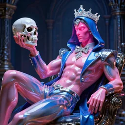 hyper detailed ultra sharp photo of baroque and bladerunner neon crystalline ceramic sculpture of seductive muscular prince benito antonio martinez dotado albino pink iridescent humanoid deity wearing blue hooded metallic tuxedo holding an glass skull in a onyx dungeon, reclining, glowing magenta face, crown of white diamonds, cinematic lighting, photorealistic, octane render 8 k depth of field 3 d