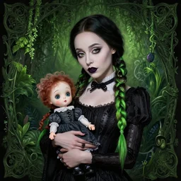 beautiful cottagecore Ariana Grande as Wednesday Addams holding a Coraline doll, Black Hair, Goth, gothic, green hair, green plants, intricate, elegant, highly detailed, digital painting, artstation, concept art, smooth, sharp, focus, illustration, art by artgerm and greg rutkowski and alphonse mucha