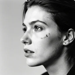a white woman with face tattoos, expressive, side view, closeup, a black and white photo by robert mapplethorpe, tumblr, naturalism, black and white, contrasting, photocopy
