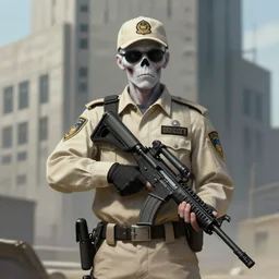 pale zombie security guard single in beige uniform with background burtalist concrete building by greg rutkowski trending on artstation digital painting highly detailed 4 k 8 k hd holding bullpup