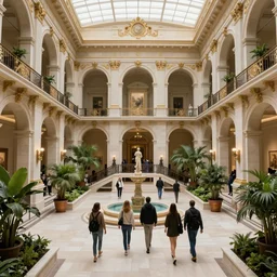 award - winning photo of a group of people walking around a luxurious beautiful opulent amazing indoor art museum, courtyards, plants, bridges, multi - level, detailed, raytracing, gigapixel photo, 4 k