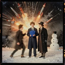 kodak portra 4 0 0, wetplate, muted colours, blueberry, 1 9 1 0 s style, motion blur, portrait photo of a backdrop, explosions, rockets, sparkling, snowman, snow storm, by georges melies and by britt marling