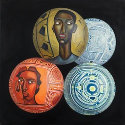 3 d balls painting by dan mcpharlin, aaron douglas, kay nielsen, roerich inspired by yukio - e, graphic patterns