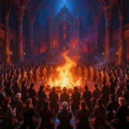the extremely beautiful digital painting of a huge crowd of people praying to lucifer in hell, fire pit in the middle of the scene, palace, h. p. lovecraft, cinematic lights, vivid lighting, fantasy, by tuomas korpi and greg rutkowski and jonas de ro
