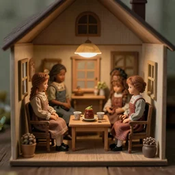 real humans living inside a dollhouse. folk. horror. detailed