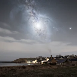 a beautiful double exposure of the astronomy picture of the day, nebula, a rural seaside village, landscape at night, soft white light, muted, neutral light, light blue tones, chimney smoke, long exposure clouds, unreal engine