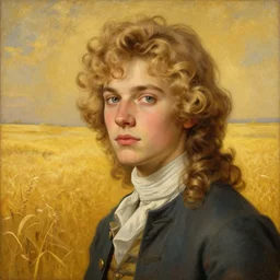 museum painting, wide - shot, realistic face, handsome beautiful teenager boy, with shoulders - length!!! wavy blonde hair, curly, tied!!, grey eyes, dreamy, clothes of 1 8 th century, in golden field, sharp focus, highly detailed, digital art, matte painting, masterpiece, by artgerm, by greg rutkowski, by mucha, by