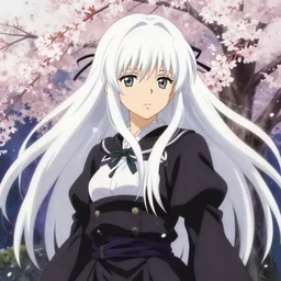 key art anime of a full body portrait of a young warrior princess, with white hair and bangs!!!! beauty, delicate features finely detailed perfect art, sakuras, gapmoe yandere grimdark, trending on pixiv fanbox, painted by greg rutkowski makoto shinkai takashi takeuchi studio ghibli