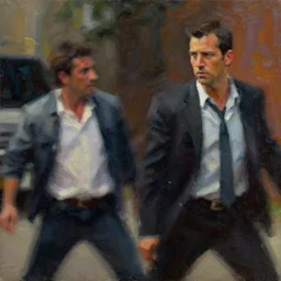 lalo salamanca shooting howard hamlin, painting by phil hale, 'action lines'!!!, graphic style, visible brushstrokes, motion blur, blurry