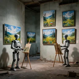 gallery with frames photos of natural landscapes on canvases, robots in an abandoned decrepit art gallery, photos of natural landscapes on walls, robots stand in front of landscape paintings, robots holding paintbrushes and easels, landscape paintings on canvas, 4 k, dramatic lighting, cinematic lighting, robot painters, canvases
