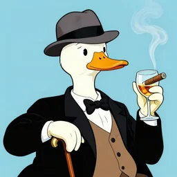a duck wearing a fedora and a dinner suit, resting its hand on a cane, holding a wine glass and smoking a cigar, in the style of ralph bakshi