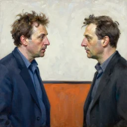 portrait of two men talking highly detailed oil painting by francis bacon, edward hopper, adrian ghenie, glenn brown, soft light, 4 k, blue orange black and white,