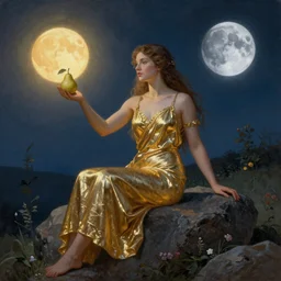 very realistic beautiful painting of a goddess wearing a long metallic golden skirt covering her whole body holding flowers and levitating a pear, sun on the left moon on the right as she is sitting on a rock at night time, realistic 8K HD