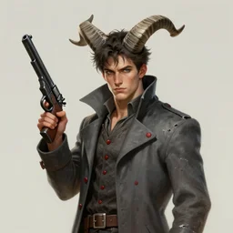 a triple a game concept art of a handsome young man with large curved backward imp horns on a head in tattered slate - gray collared coat with red buttons holding a gun, black and white striped horns, art by cushart krentz and greg rutkowski, male person concept art, sharp focus, elegant, morandi color scheme, 8 k resolution, octane render, commission art